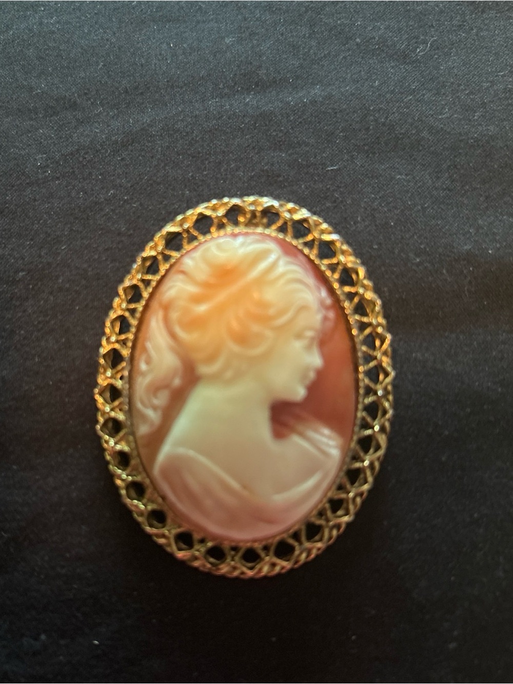 Vintage Oval Coral Cameo Lady Gold Tone Filigree Brooch Pin